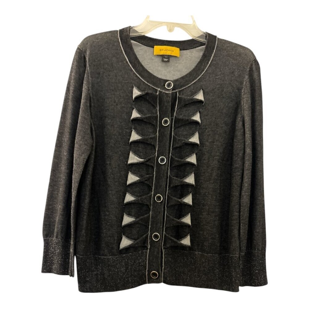 ST JOHN cardigan sweater, Large, dark gray, buttons, fabric cutouts down front.